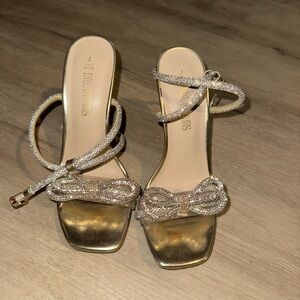 Betsey Johnson Gold Heels with Rhinestone Bow